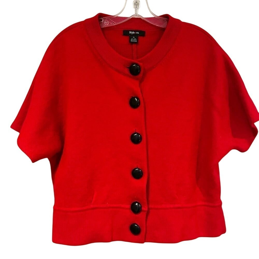 Style & Co Short Sleeve Wool Blend Cardigan Sweater Women's XL Red Cropped NWOT